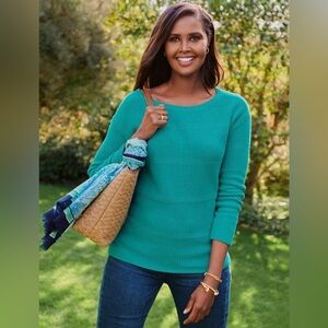 Talbots Pima Cotton Bateau Neck Knit Sweater in Teal Blue ~ Large